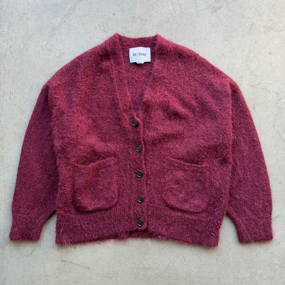 RE/DONE Womens M Cardigan Oversized Alpaca Wool Sweater Burgundy Shag Grandpa